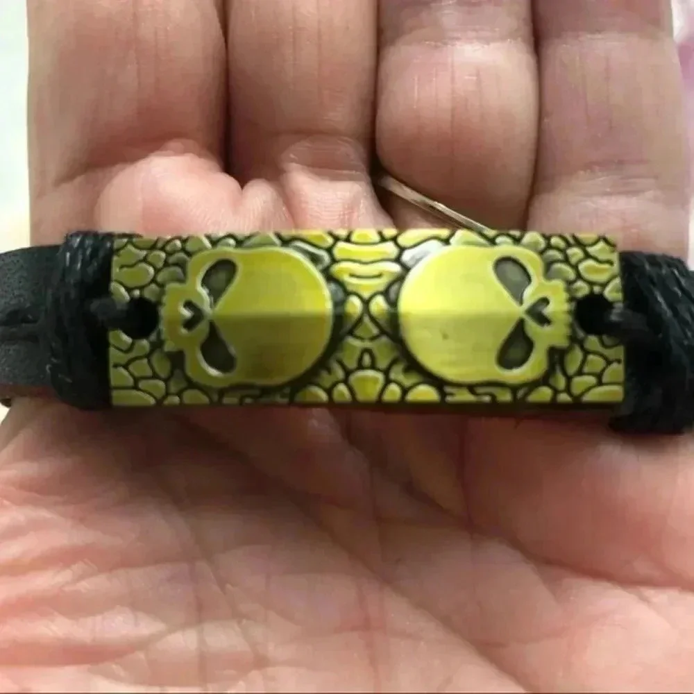Bronze Double Skulls Leather & Hemp Adjustable Bracelet E NWT